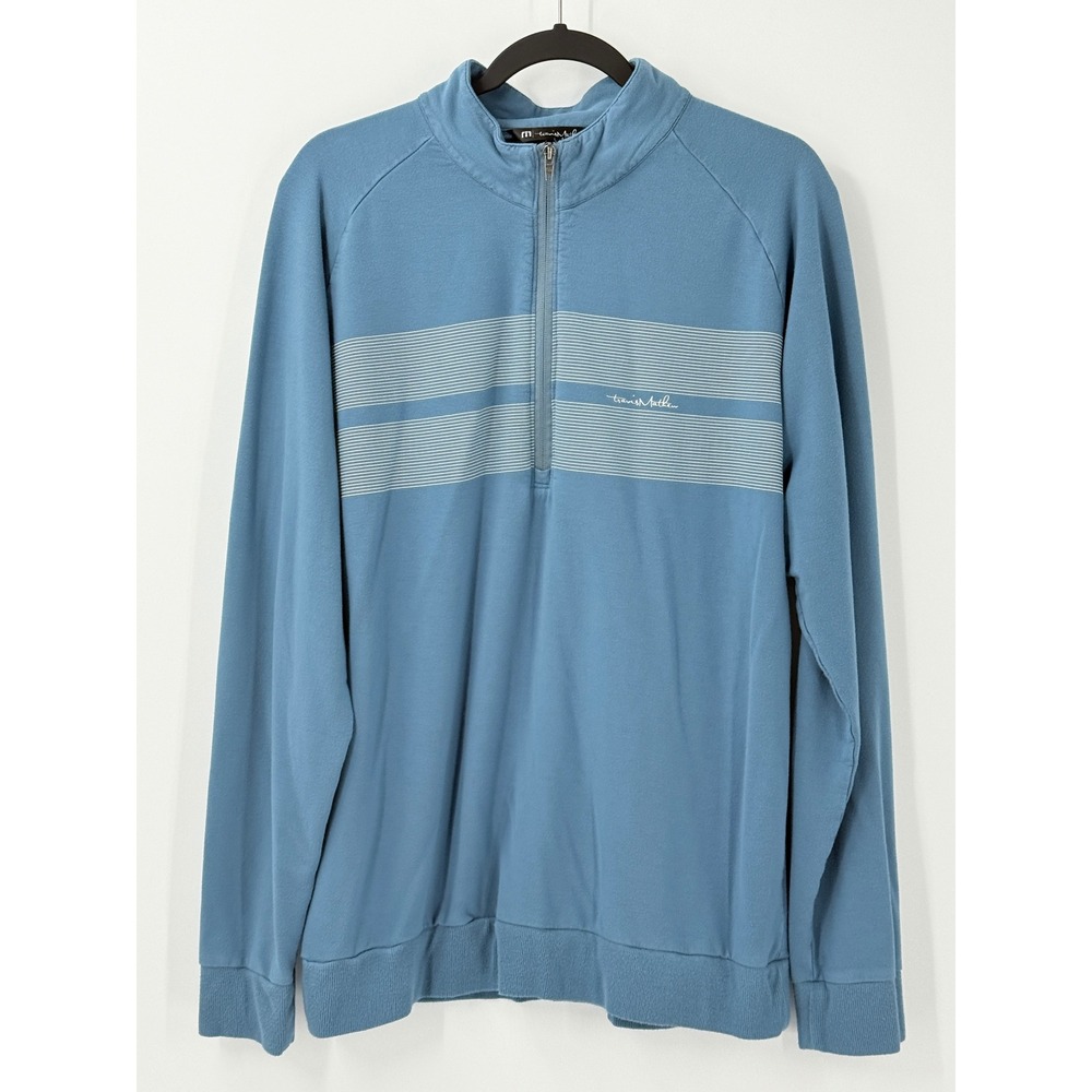 Travis Mathew Quarter Zip Pullover Mens L Golf Preppy Blue Striped Long Sleeve